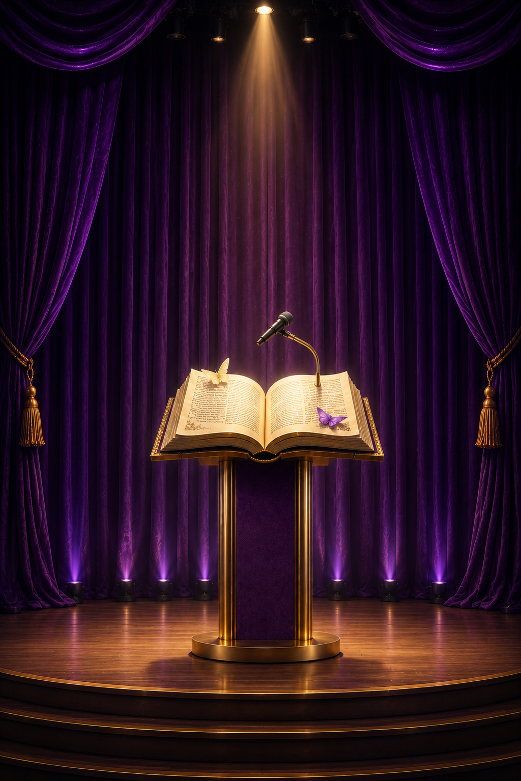 Elegant royal purple stage with rich gold theatrical lighting, an open book on a refined podium, and luxurious curtains symbolizing the transformational power of speaking and teaching