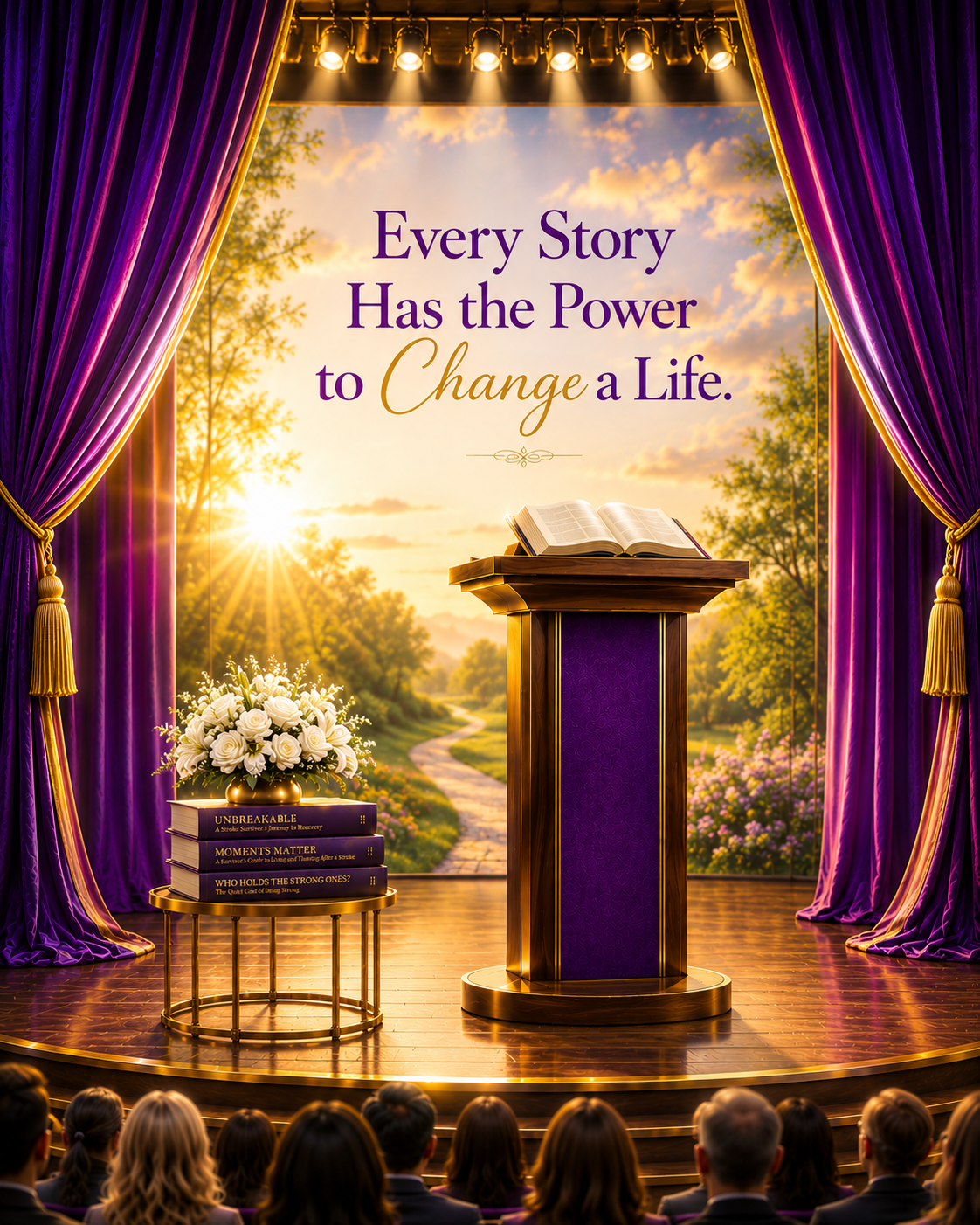 Elegant conference stage with rich royal purple velvet curtains, warm golden sunlight, a wooden podium with an open book, white flowers, and an inspiring backdrop of hope and transformation